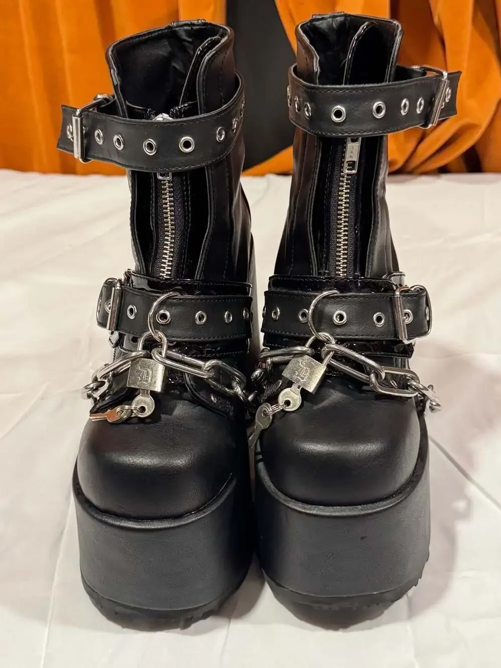 Demonia Camel-203 Black Vegan Leather Platform Boots with Chains and Padlock